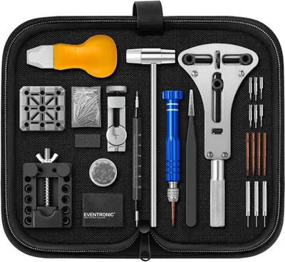 Displays the complete watch repair toolkit with all included tools and accessories organized in a protective case, showing shoppers exactly what they will…