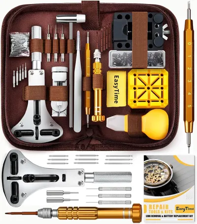 Shows the comprehensive watch repair kit with all included tools and accessories to reassure buyers they have everything needed for watch maintenance and…