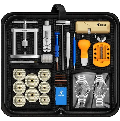 Displays the comprehensive watch repair toolkit with all included tools and accessories organized in a carrying case, showing shoppers exactly what they will…