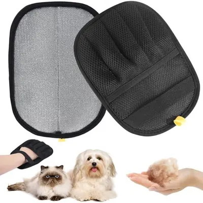 Shows the core product—a pet grooming mitt with two sides (textured black side and smooth gray side)—to communicate its design and functionality for pet hair removal. Demonstrates the product in…