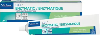 Shows the core product packaging clearly to help shoppers identify the Virbac enzymatic toothpaste for dogs and cats in vanilla-mint flavor. Displays both the…
