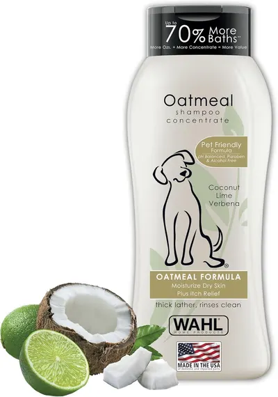 Displays the core product, an oatmeal shampoo concentrate for pets, clearly showing the bottle design, branding, and key product information to help shoppers…