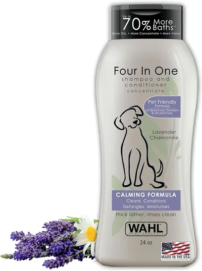 Displays the core product, a pet shampoo and conditioner concentrate, clearly showing the bottle design, branding, and key product features to help shoppers…