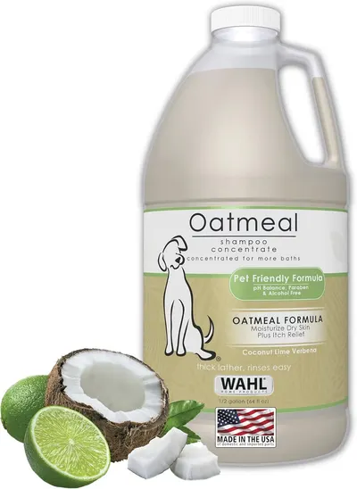 Displays the core product, a large bottle of oatmeal shampoo concentrate for pets, clearly showing the brand, formula benefits, and scent to help shoppers…