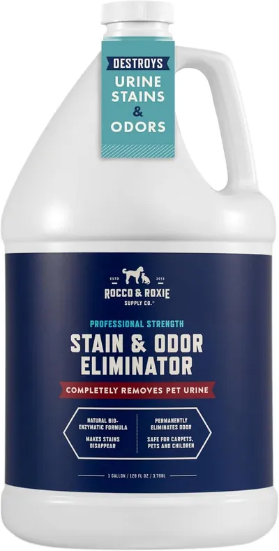 Displays the core product—a 1-gallon pet urine stain and odor eliminator—clearly showing the bottle, label, and key benefits to help shoppers understand what…