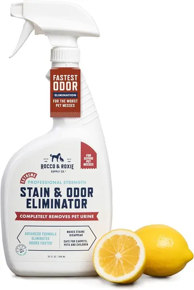 Displays the core product—a pet stain and odor eliminator spray—clearly showing the bottle, trigger sprayer, and key messaging to communicate its…