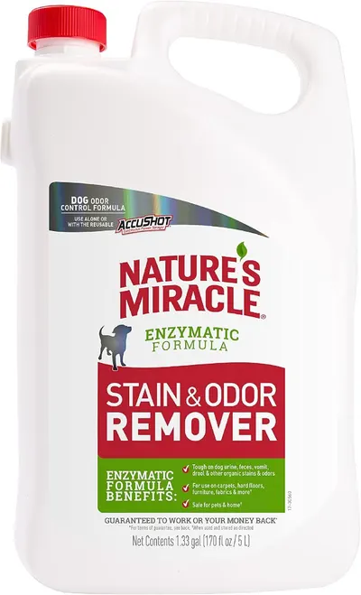 Displays the Nature's Miracle pet stain and odor remover bottle clearly, showing the brand, product type, and key enzymatic formula benefit to help shoppers…