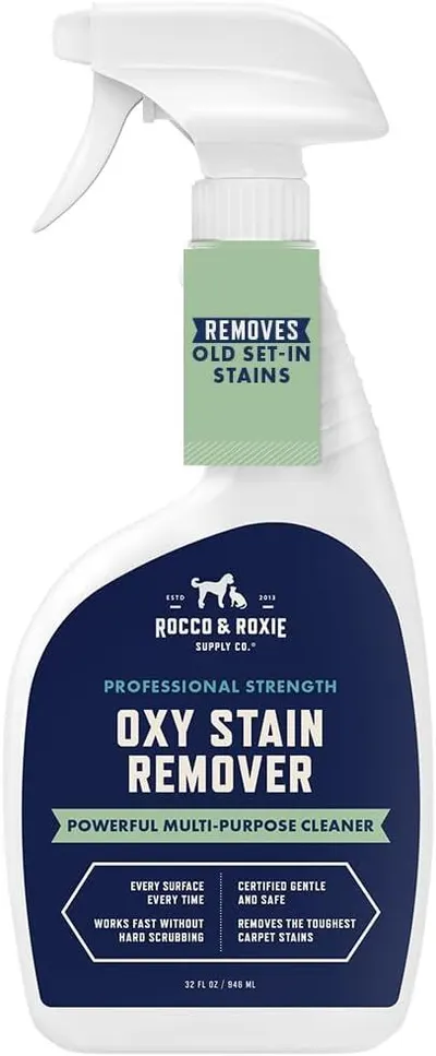 Displays the core product—a spray bottle of oxy stain remover—clearly showing its packaging, branding, and key benefits to help shoppers understand what they…