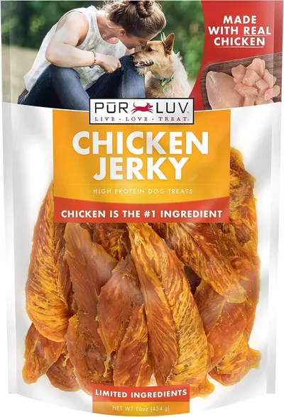 Shows the core product—chicken jerky dog treats in clear packaging—to communicate what the buyer receives and highlight the quality ingredients and high…