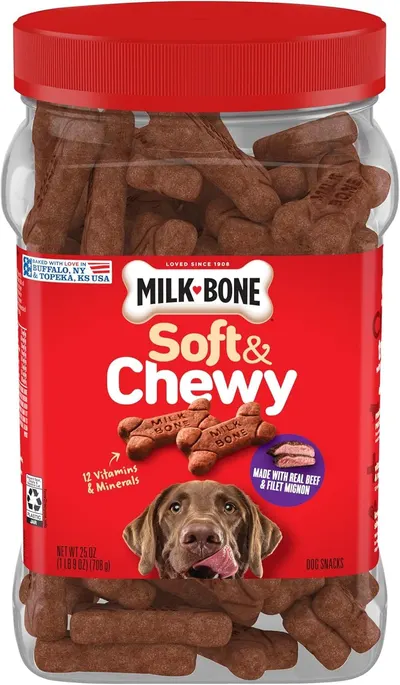 Displays the Milk-Bone Soft & Chewy dog treats in their retail packaging to show shoppers exactly what they will receive, emphasizing the product's texture…