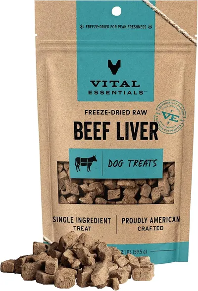 Shows the packaged dog treats product with a clear view of both the retail packaging and the actual treats displayed in front, communicating the product…