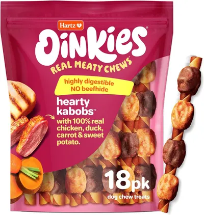 Displays the product packaging prominently with a clear window showing the actual kabob-style dog chews, communicating the product's real meat ingredients and…