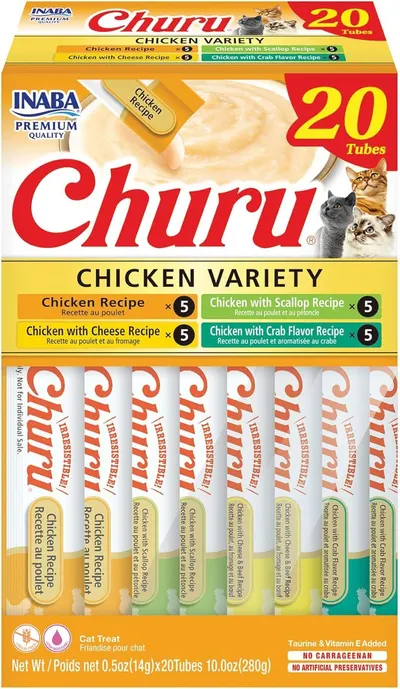Shows the complete product package with all 20 tubes of cat treats in four different chicken-based flavors, communicating the variety and quantity included in…