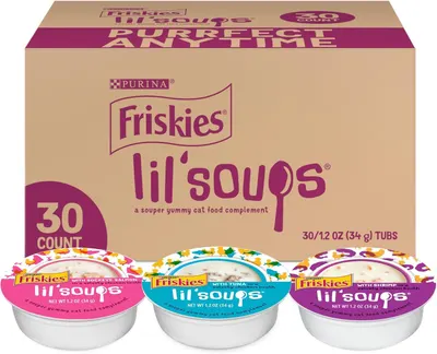Shows the core product—a 30-count variety pack of Friskies lil'soups cat food complement—with the retail box and three individual tubs displayed to…