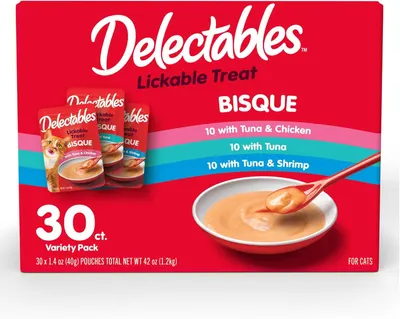 Shows the retail packaging of a 30-count variety pack of Delectables cat treats, clearly displaying the product name, flavor varieties, and quantity to help…