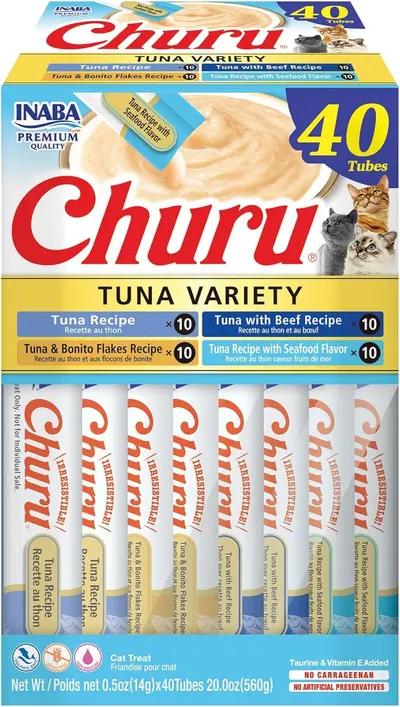 Shows the complete product package with all 40 tubes of cat treats in four different tuna-based flavors, communicating the variety and quantity included in…