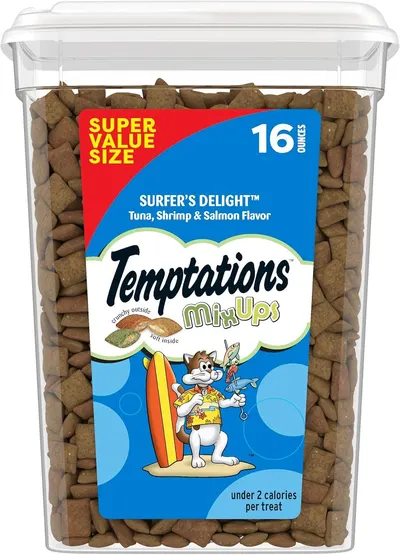 Shows the core product, a large container of Temptations MixUps cat treats, to communicate the quantity and packaging format available for purchase. Displays…
