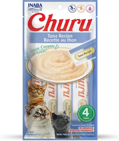 Shows the core sellable product—a 4-pack of Churu cat treat tubes in tuna flavor—clearly displayed in retail packaging so shoppers can see exactly what they…