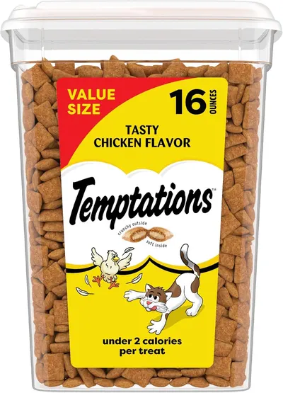 Shows the core product—a large container of Temptations cat treats—to communicate the value size offering and flavor variant available for purchase. Displays…