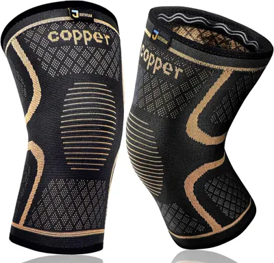 Displays the core product—a pair of compression knee sleeves—clearly showing the breathable mesh fabric, supportive design elements, and brand identity to help shoppers understand what they are…