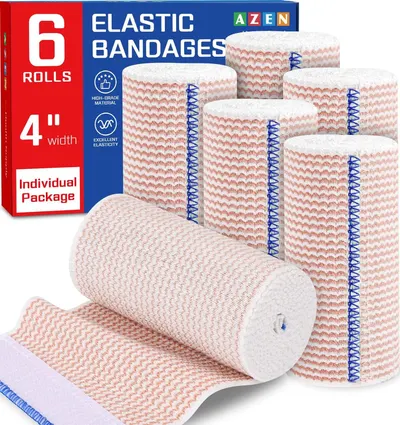 Shows the complete set of 6 elastic bandage rolls that the shopper will receive, demonstrating the quantity and appearance of the product. Displays the retail…