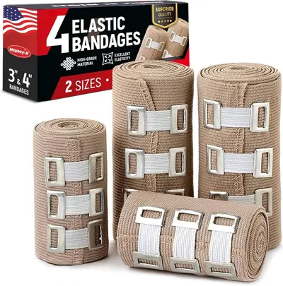 Shows the core product—four elastic bandages in two different sizes (3 inch and 4 inch) with metal clasp closures—to communicate what the shopper will…