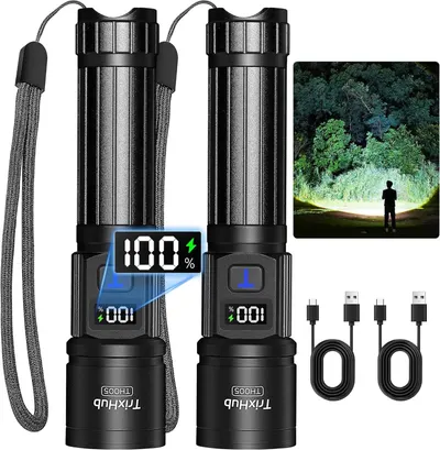Shows the core product—two tactical flashlights with digital battery indicators—along with included charging cables and a demonstration of the powerful beam…