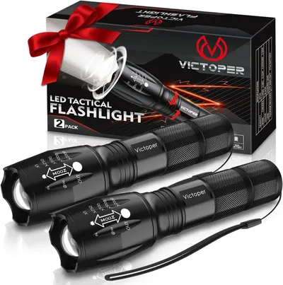 Displays the core product—two LED tactical flashlights with zoom and mode controls—alongside their retail packaging to show what the buyer receives. Shows the…
