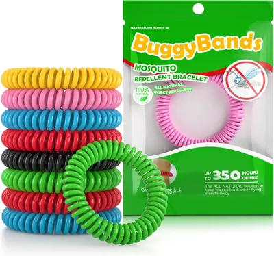 Shows the core product - mosquito repellent bracelets - in multiple colors alongside retail packaging to communicate the variety of options available and the…
