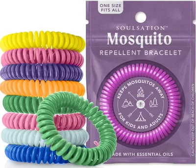 Shows the core product (mosquito repellent bracelets) in multiple vibrant colors to communicate variety and appeal to different preferences. Displays the…