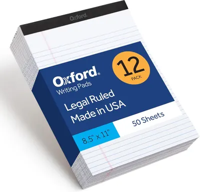 Shows the core product—a 12-pack of Oxford legal ruled writing pads—clearly displaying the brand, quantity, sheet count, and dimensions to help shoppers…