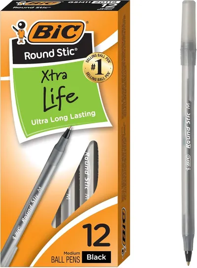 Shows the BIC Round Stic Xtra Life ballpoint pen in both packaged and individual form, clearly displaying the sellable product to help shoppers identify what…