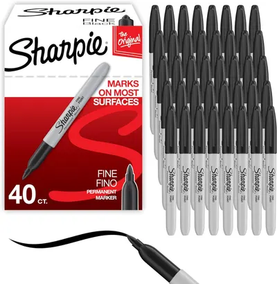 Shows the core product—a 40-count pack of Sharpie fine point permanent markers—alongside the retail packaging to communicate quantity, brand, and product type…
