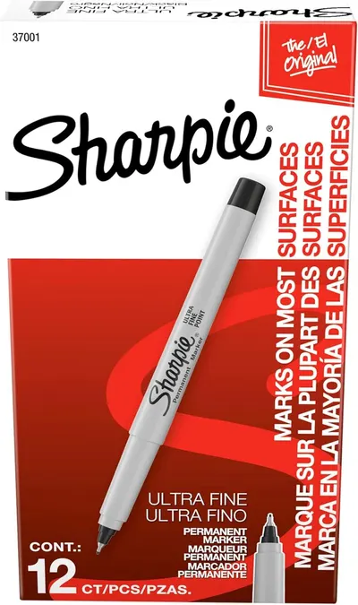 Displays the Sharpie permanent marker in its retail packaging to show shoppers exactly what they will receive, emphasizing the ultra fine point feature and 12-count quantity. Shows the official…