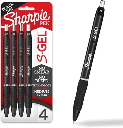 Shows the core product—a 4-pack of Sharpie S-Gel pens—both in retail packaging and as a standalone pen to communicate what the buyer receives and the pen's…