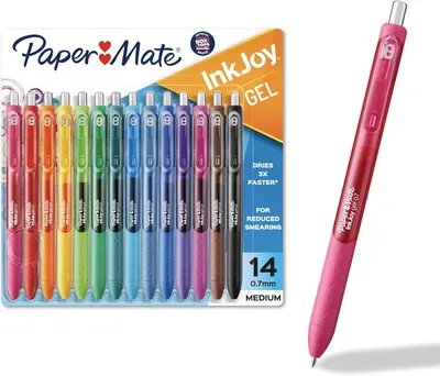 Displays the complete set of 14 colorful InkJoy gel pens in their retail packaging alongside a single pen to show scale and design, communicating the variety and quantity included in the purchase.…