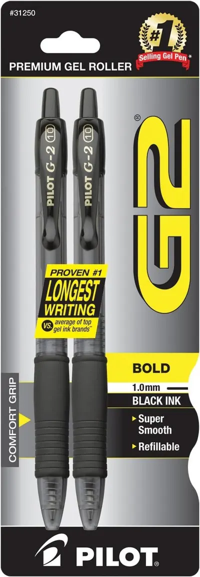 Shows the core product clearly—two Pilot G-2 gel pens—so shoppers can see exactly what they are purchasing. Displays the retail packaging with branding,…