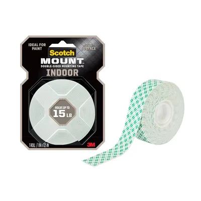 Shows the core product, Scotch Mount double-sided mounting tape, alongside its retail packaging to help shoppers understand what they are purchasing and its…