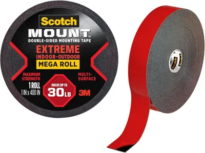 Shows the core product - a roll of Scotch mounting tape - with both the packaging label and the physical tape roll visible to communicate what the buyer will…