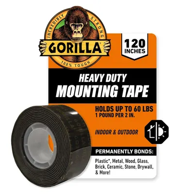 Shows the core product (mounting tape roll) alongside its retail packaging to communicate what the shopper will receive and highlight key features like…