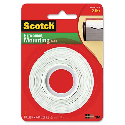 Shows the Scotch Permanent Mounting Tape product in its retail packaging, clearly displaying the roll of white tape and communicating its 2 lbs holding…