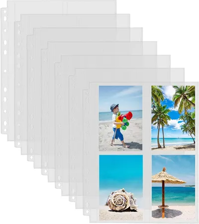 Shows the core product clearly - photo storage sleeves in various sizes with binder holes, demonstrating the product's appearance and format with example…