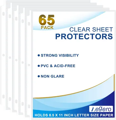 Displays the core product—a 65-pack of clear sheet protectors—with key features highlighted to communicate quality, safety, and functionality to shoppers…