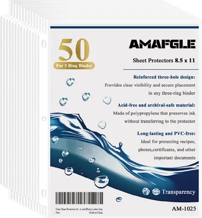 Shows the core product—a 50-pack of clear sheet protectors—and communicates key features like reinforced three-hole design, acid-free material, and…
