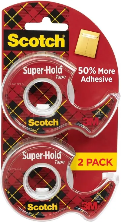 Shows the core product—two Scotch Super-Hold tape dispensers in retail packaging—so shoppers can see exactly what they are purchasing. Displays the retail packaging with branding, product details,…