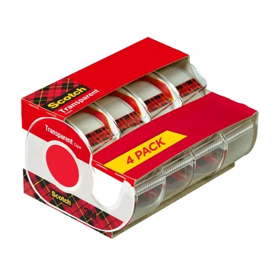 Shows the core product clearly - a 4-pack of Scotch transparent tape dispensers in retail packaging, allowing shoppers to see exactly what they will receive. Displays the retail packaging with a…