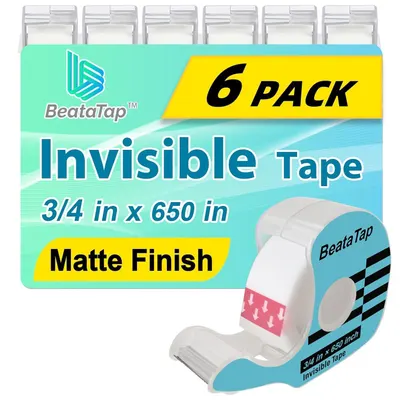 Shows the complete 6-pack product set with packaging and individual tape dispenser to communicate what the buyer receives and the key product features like invisible tape and matte finish. Displays…