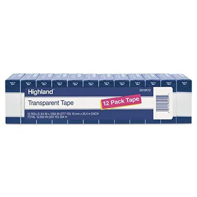Shows the core product, a 12-pack of Highland transparent tape, clearly displayed in retail packaging to communicate what the shopper is purchasing. Displays the physical retail packaging that the…