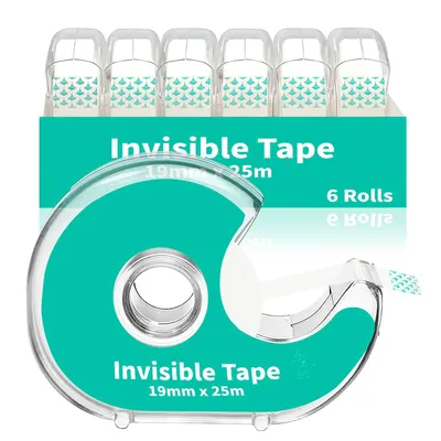 Shows the complete product offering of 6 rolls of invisible tape in dispensers plus one individual dispenser, clearly displaying what the shopper will receive in the package. Displays the retail…
