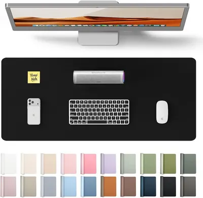 Shows the core product, a large black desk mat, in a realistic workspace setting to help shoppers visualize its size, appearance, and how it fits into a…